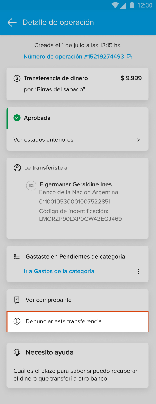Detalhe da transação em que aparece o botão Denuncia esta transferencia